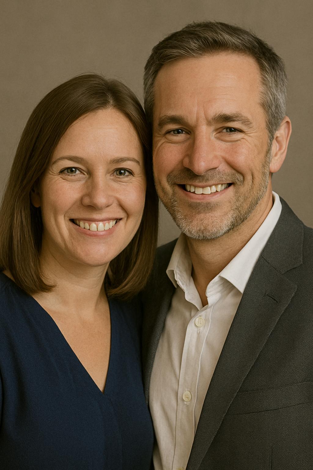 A smiling man and woman pose together against a plain backdrop, both dressed in dark clothing.