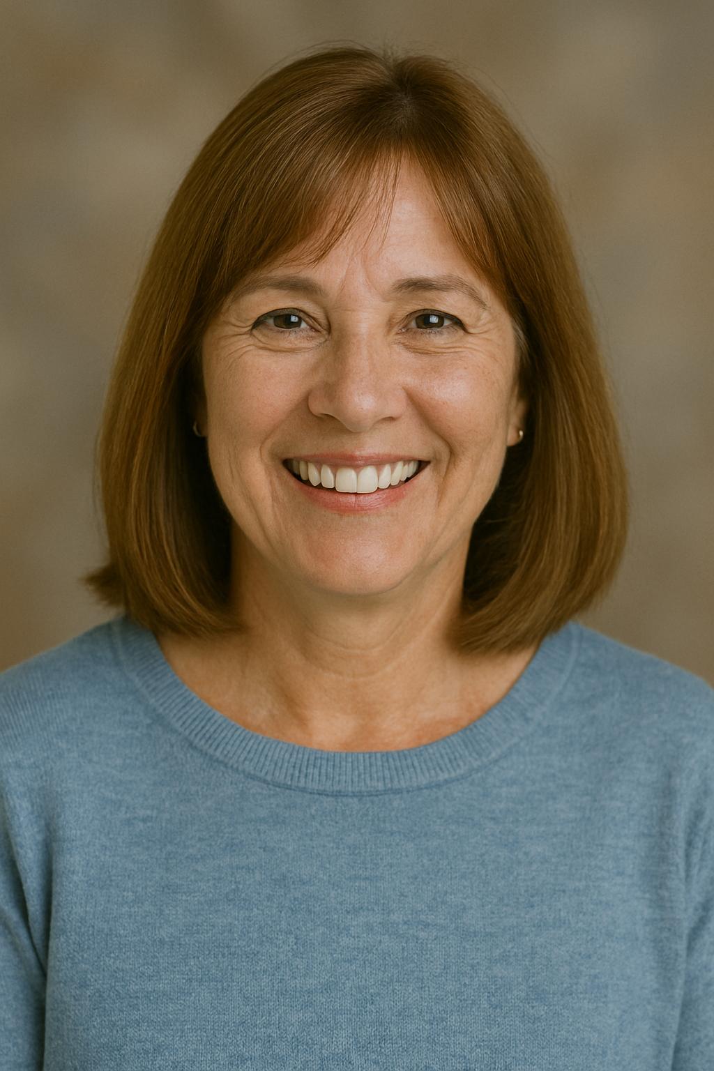 A middle-aged woman with straight brown hair and a blue sweater smiles at the camera against a neutral background.