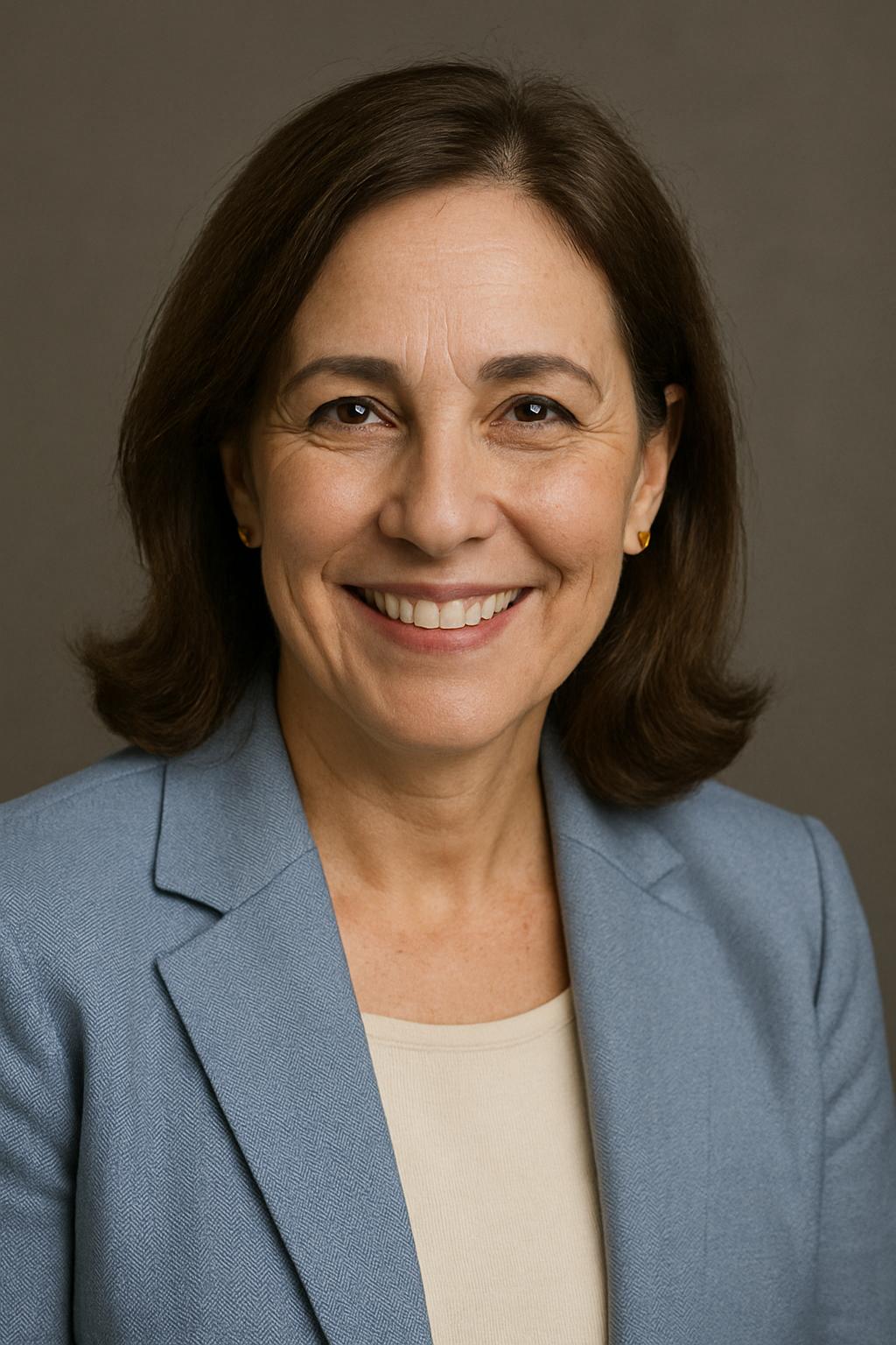 A middle-aged woman with straight brown hair and a blue sweater smiles at the camera against a neutral background.