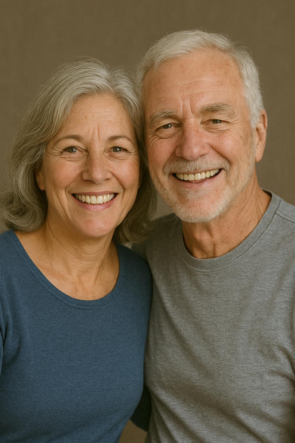 An older woman and man with gray hair smile at the camera, standing close together against a plain brown background.
