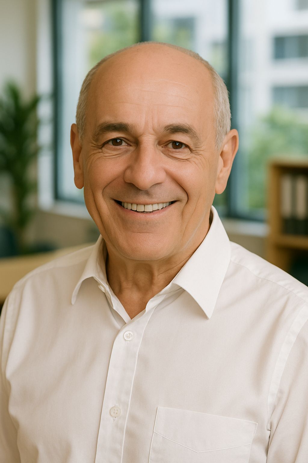 A smiling older man in a white dress shirt stands indoors with an office background and large windows behind him.